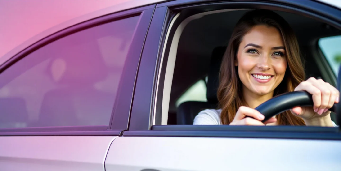 A smiling driver at the wheel of her car
